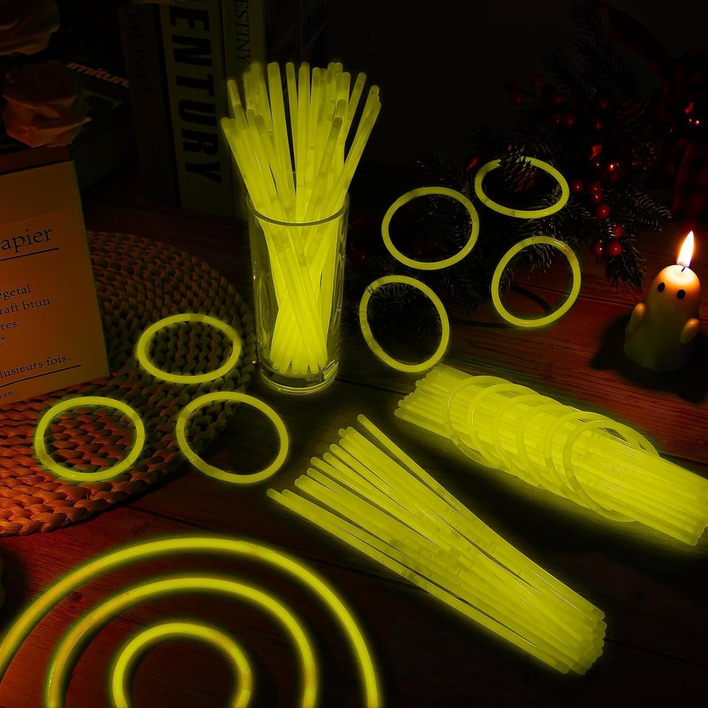 200 Pack 8'' Glow Sticks Bulk Party Favors Yellow Light Up Sticks with Connectors Neon Glow in the Dark Party Supplies Bracelets for Holiday Birthday Party Decoration(Yellow)