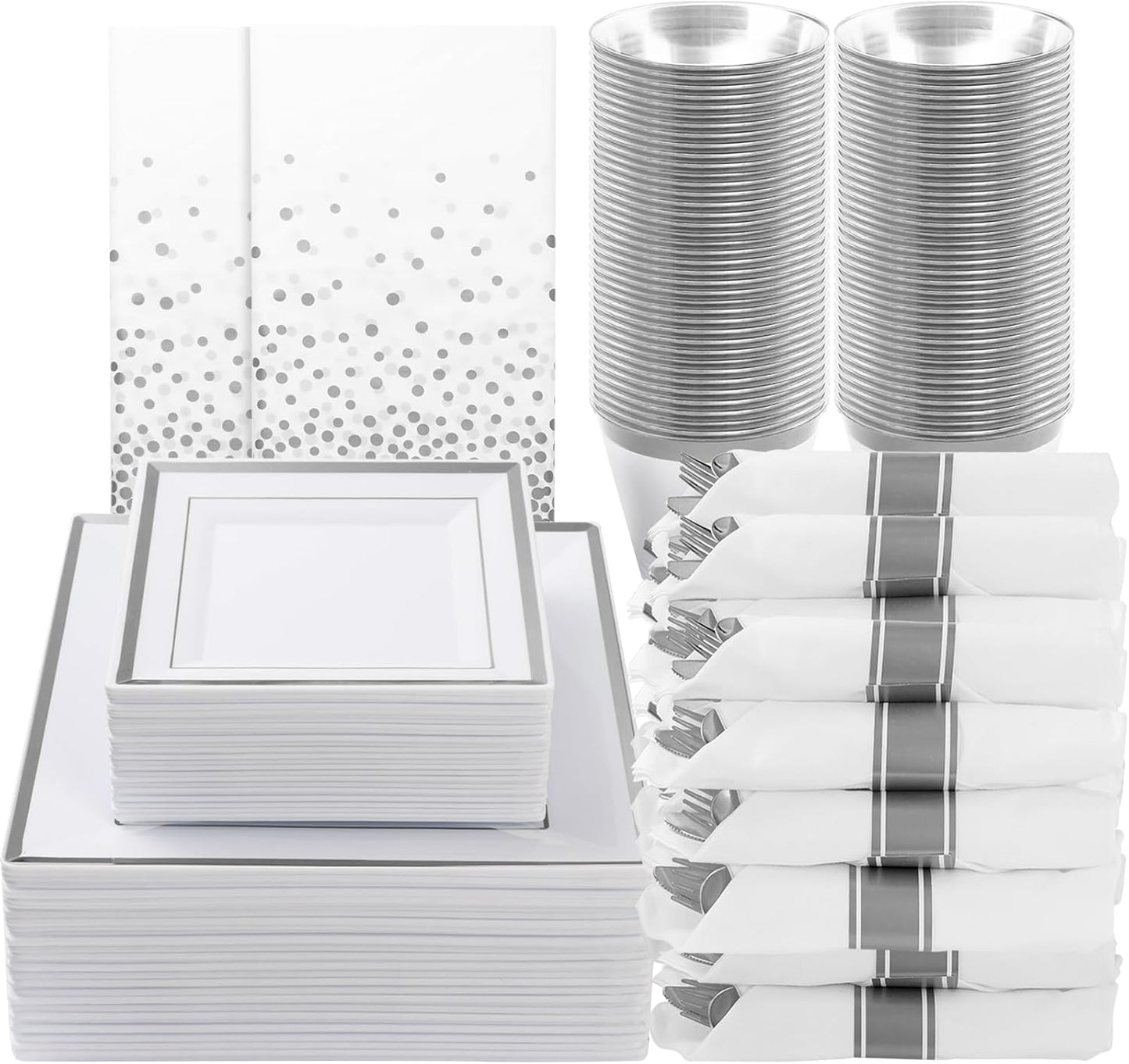 Goodluck 352 Piece Silver Dinnerware Set for 50 Guests, Square Plastic Plates with Silver Trim, Include: 100 Plastic Plates, 50 Rolled Napkins, 50 Cups, 50 Cutlery Set and 2 Tablecloth