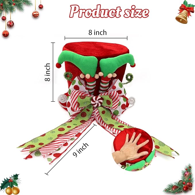 Christmas Tree Topper Hat with Bow, Velvet Top Hat Ornament with Elf Legs and Red & Green Wired Bows, Winter Holidays Xmas Decor for Home Decoration (Red)