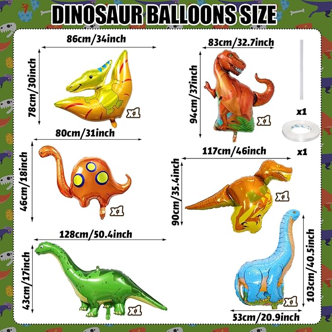 Dinosaur Foil Balloons Set (35-50 In), 6 Pieces Large Dinosaur Mylar Helium Balloons for Kids, Giant Cute Dino Birthday Party Decorations Kit for Boys Jungle Safari Theme Baby Shower Decor Supplies