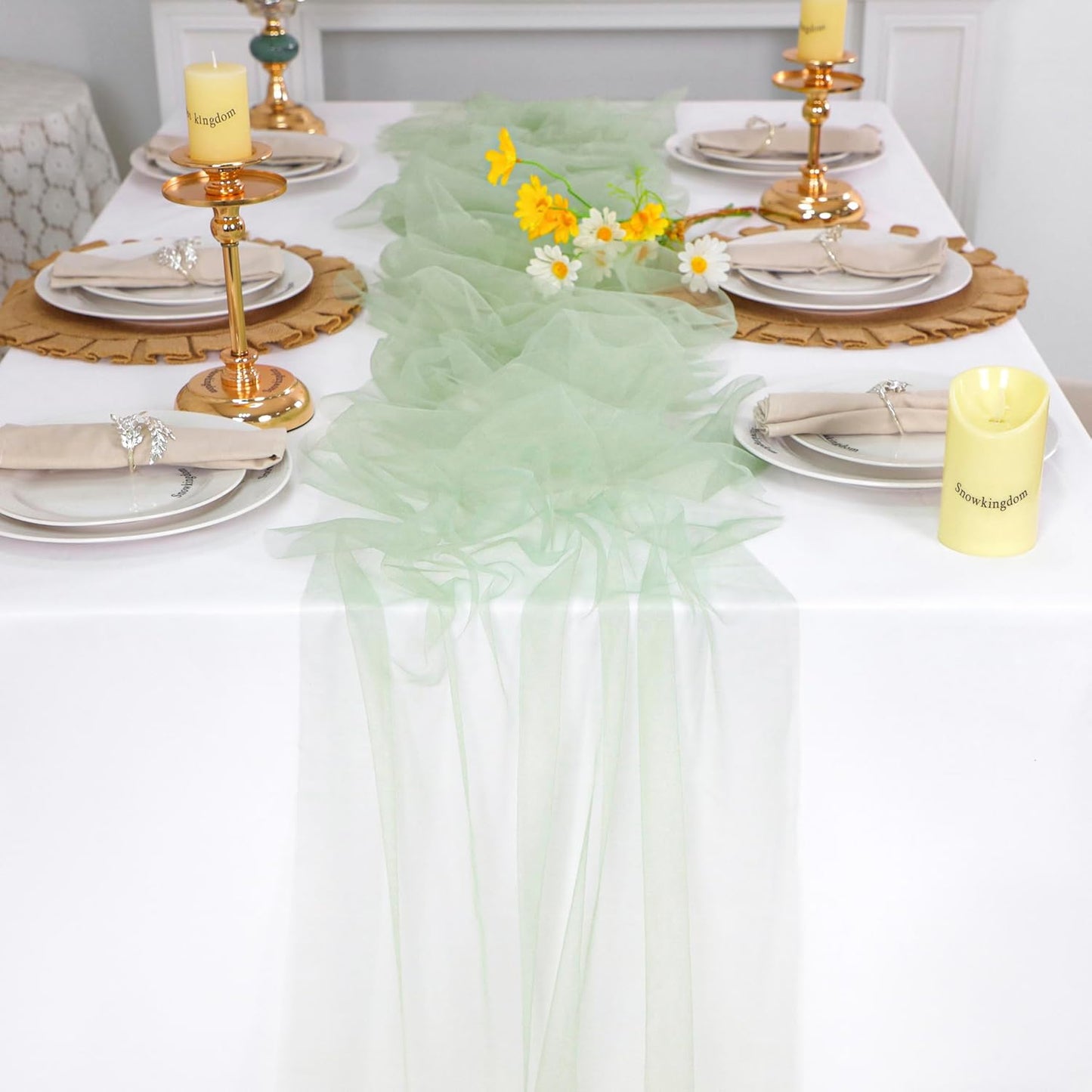 Snowkingdom Sage Green Table Runner, 10 FT Sheer Tulle Cheesecloth Gauze, Boho Rustic Table Centerpieces Decoration for Spring Wedding Baby Bridal Shower Christmas Party