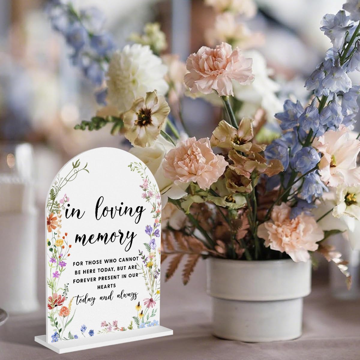 Acrylic Wedding Signs, In Loving Memory Signs for Marriage Reception, Bridal Shower Decorations, Modern Arched Round Top Acrylic Table Top Sign with Holder for Wedding Party (White Wildflowers)