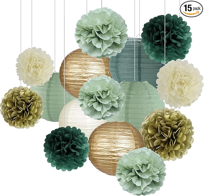 Sage Green Party Decorations, Paper Lanterns and Pom Poms Flowers for Birthday Party Baby Shower Wedding Shower Decor Gold/Ivory/Sage Green 15pcs