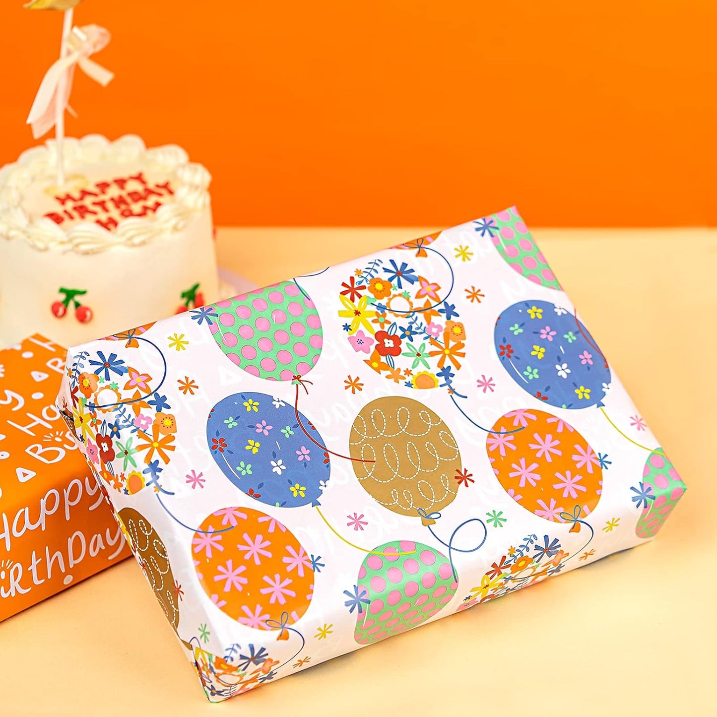 LeZakaa Reversible Birthday Wrapping Paper Roll for Girls Women, Happy Birthday Lettering, Orange Flower Balloon Design, Mini Roll, 17 inches x 32.8 Feet (46.45 sq.ft.)