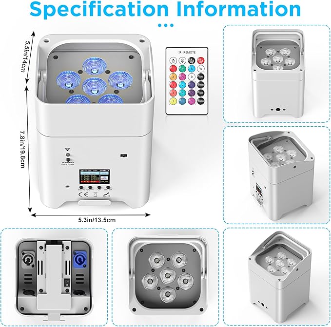 Battery Powered Stage Lights, 9600mAh Rechargeable Par Can Lights 6x18W RGBWA+UV APP/Remote/DMX512/Sound Activated, Uplights for Events Party Wedding DJ Concert Christmas Dance White 4Pcs