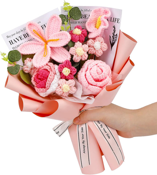 Crochet Flowers Bouquet, Handmade Knitting Crochet Flowers, Tulips Flower and Calla Lily Bouquet for Birthday, Teacher’s Day, Graduation, Valentines (Pink)