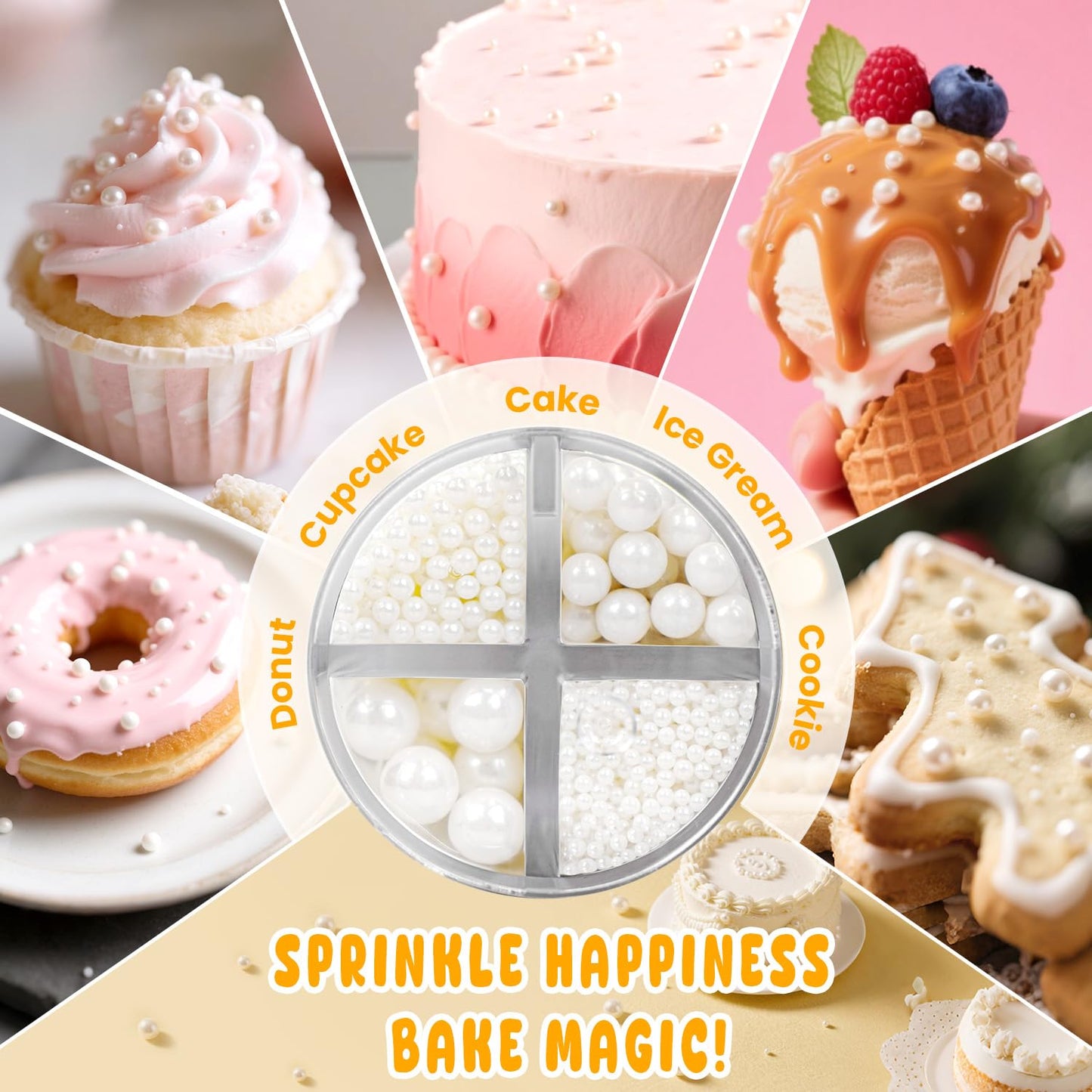 White Edible Sugar Pearl Sprinkles for Cake Decorating, Candy Pearls Sprinkles for Cupcake, Cookie, Baking Cake Decorations, 4 sizes, 160g/5.64oz, Wedding Party Chirstmas Supplies