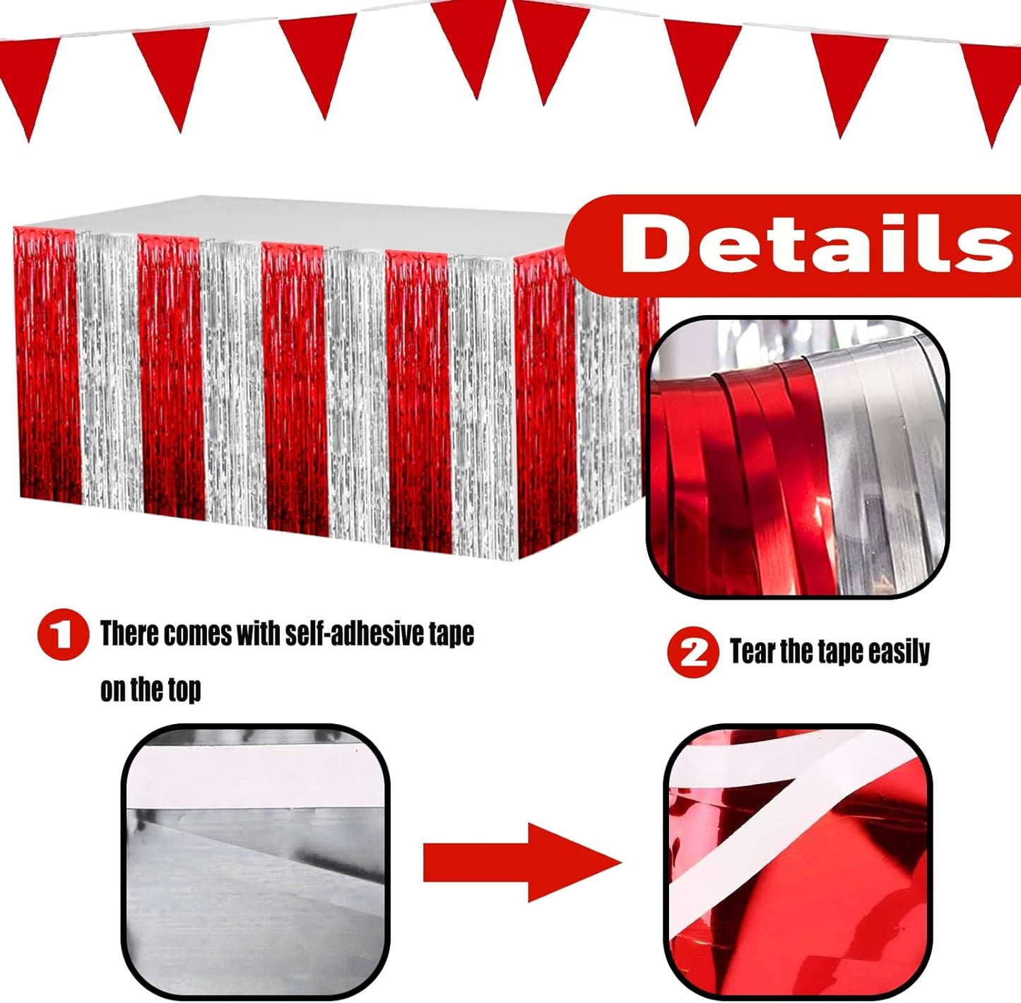 4 Pack 29x108 Inch Metallic Foil Fringe Tinsel Table Skirts for Rectangle Tables Streamer Backdrop for Wedding, Birthday, Parade Floats, Christmas, Halloween Party Decoration(Red Silver)