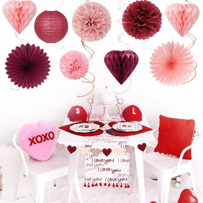 Pink Burgundy-Red Valentines-Day Galentines Party-Decorations - 22pcs Be Mine Love Banner,Wine Red Paper Lanterns Honeycomb Balls,Tissue Pom Poms Flowers Fans,Happy Anniversary Decor Hugmoon