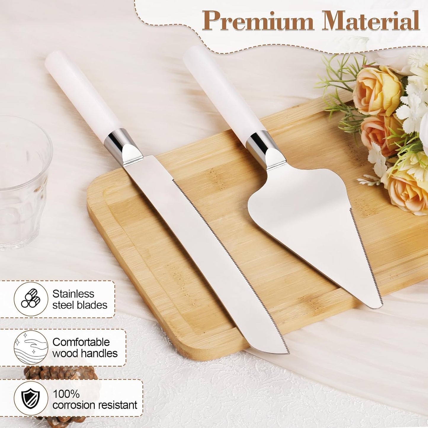 Cake Cutting Set for Wedding, Wood Cake Knife and Server Set, Vintage 2-Piece Pie Cake Cutter, White Pizza Dessert Utensils Bridal Anniversary Birthday Quinceañera Gift (White)