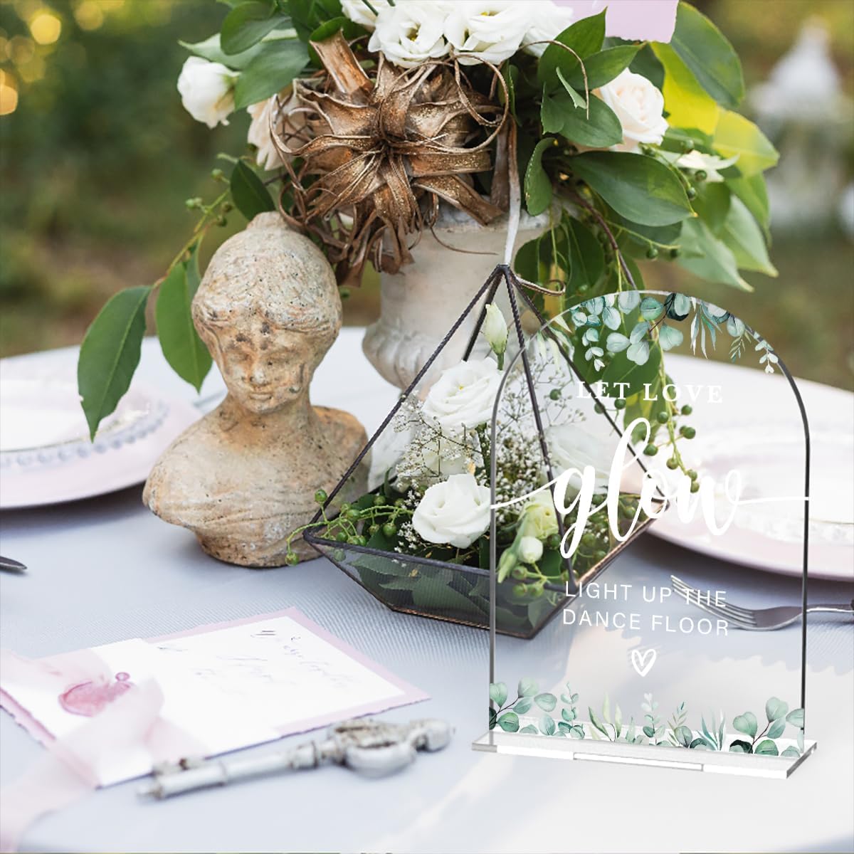 Acrylic Wedding Sign Let Love Glow Signs for Ceremony Modern Calligraphy Arch Acrylic Table Top Signs for Wedding Reception and Event Party Table Decor (Eucalyptus Leaves)