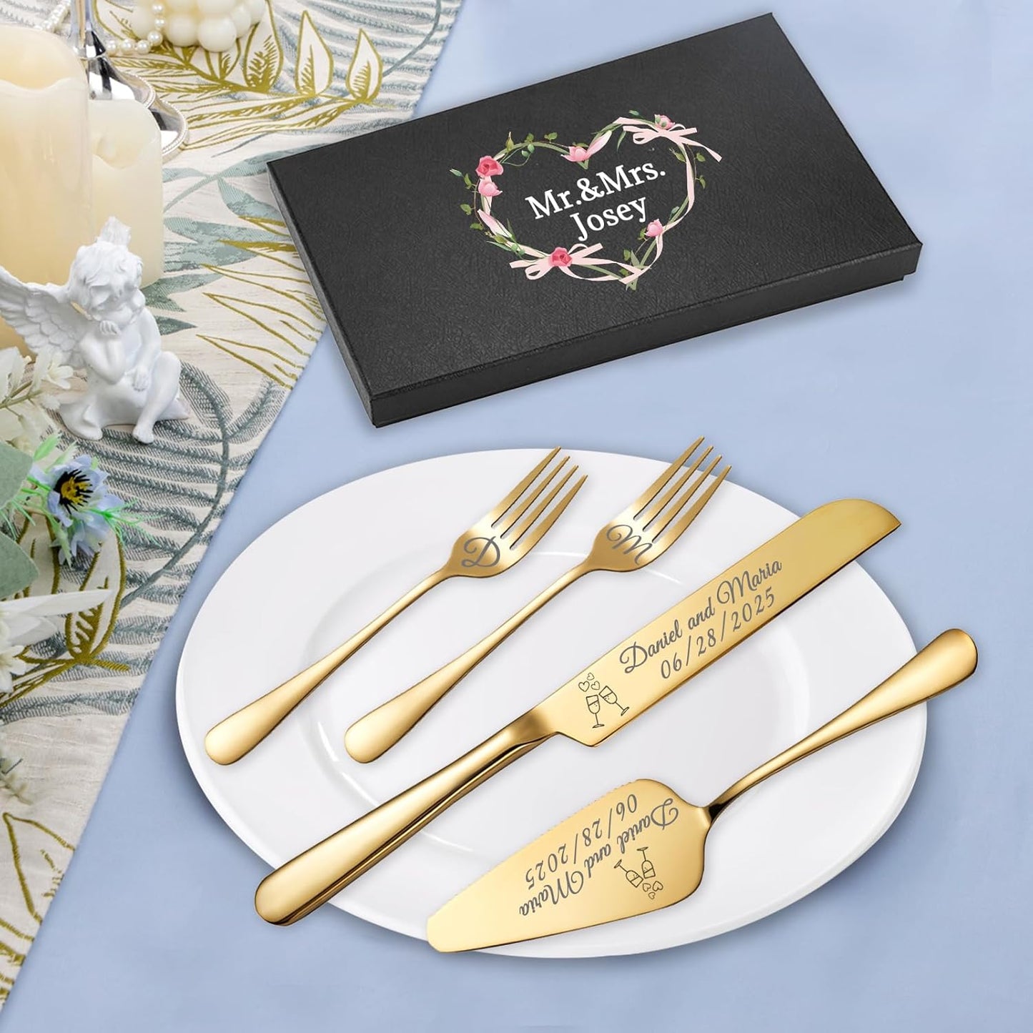 Personalized Wedding Cake Knife and Server Set, Custom Names Cake Cutting Set with Stainless Steel Forks, Customized Bridal Anniversary Birthday Wedding Registry Gifts (Gold)