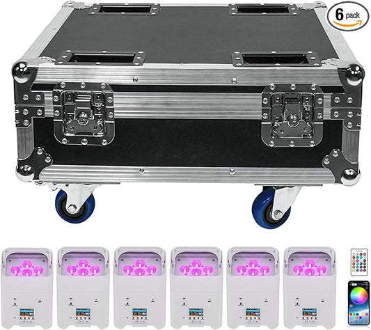 Battery Powered Stage Lights 6Pcs with Charging Case, 9600mAh Rechargeable Par Can Lights 6x18W RGBWA+UV APP/Remote/DMX512/Sound Activated, Uplights for Events Party Wedding DJ Concert Dance White