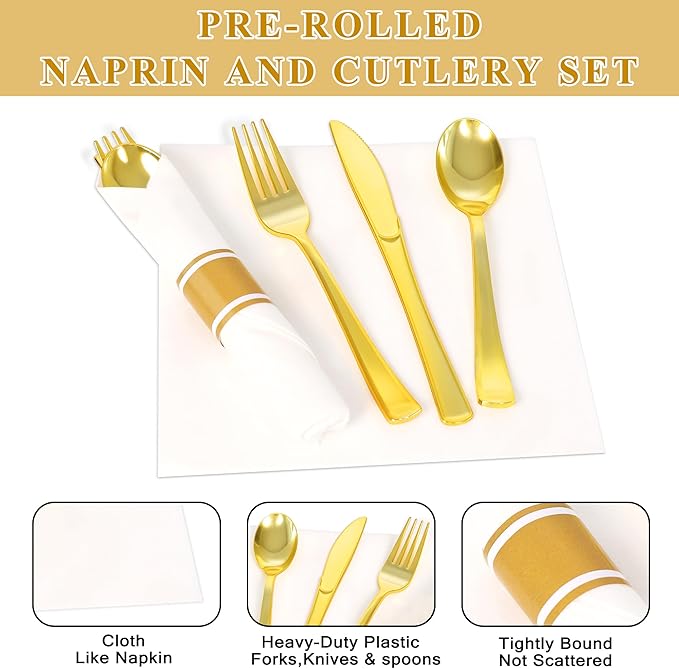 200 Pack Pre Rolled Gold Plastic Silverware Set,Wrapped Plastic Cutlery Set with Napkin Include 200 Forks,200 Spoons,200 Knives and 200 White Napkins for Party,Wedding,Christmas