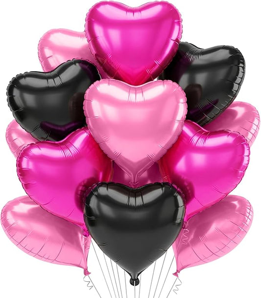 TONIFUL 30Pcs 18 Inch Black Pink Hot Pink Balloons Heart Shape Foil Mylar Banners Decoration for Birthday Valentine's Day Wedding Bridal Shower Anniversary Engagement Party Supplies