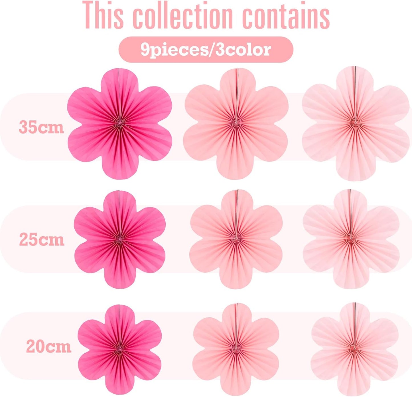 SUNBEAUTY Paper Decoration, Set of 9 - Hot Pink Flower Hanging Ornaments, Party Fans & Floral Backdrop for Weddings, Baby Showers, Birthdays & More