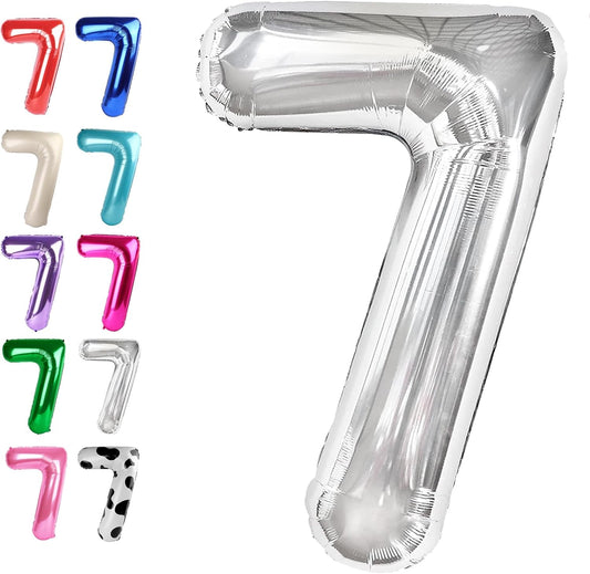 Silver Number 7 Birthday Balloon 40 Inch, Digital Balloons for 7 17 27 70 77 Party Celebration Decorations Supplies, Mylar Foil Numbers Balloon for Seven Wedding Anniversary
