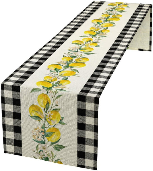 Lemon Table Runner,Black Buffalo Plaid Lemon Table Runner Farmhouse Style Spring Summer Home Kitchen Dinding Room Table Decoration 13x90 Inch