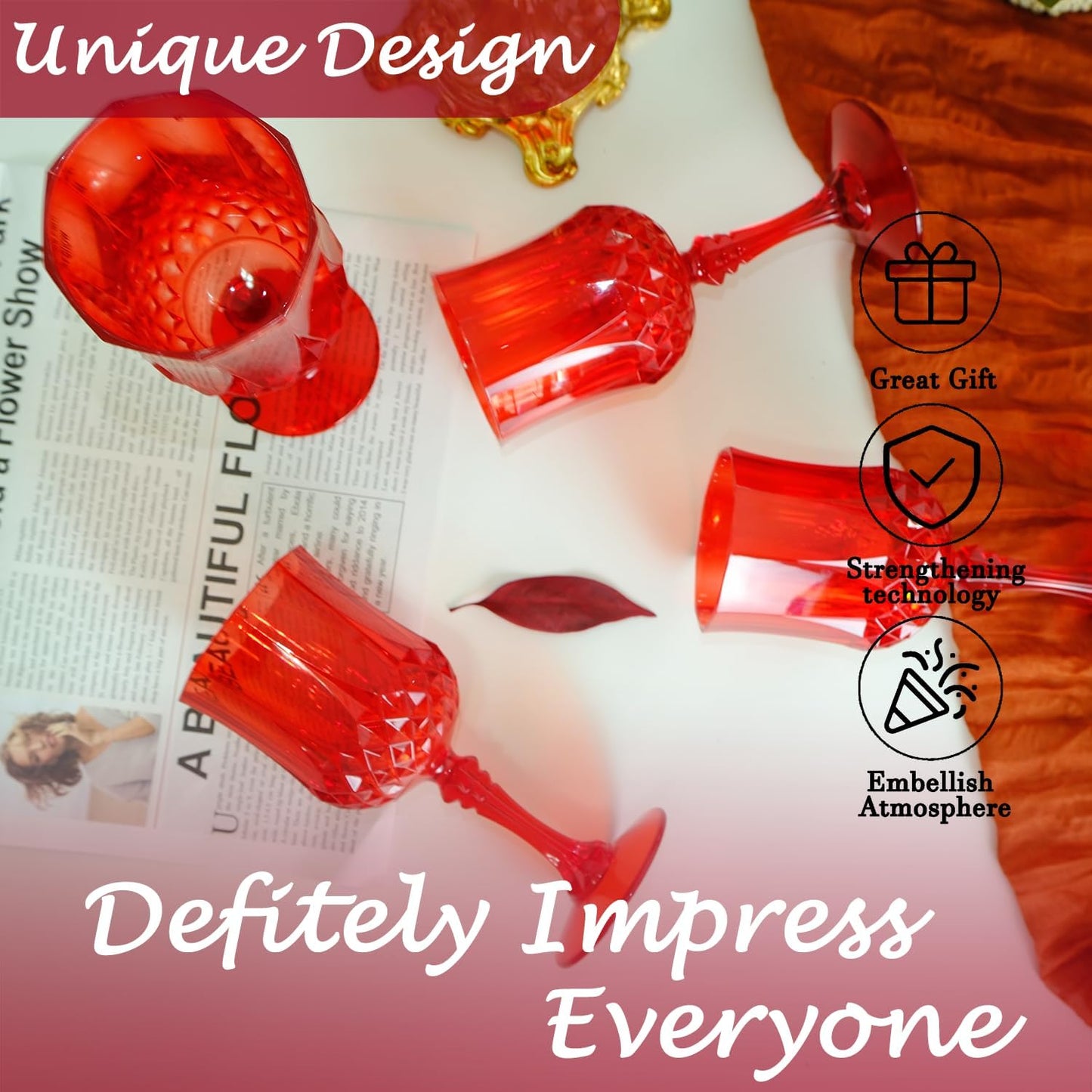 Plastic Wine Glasses，Plastic Goblets Vintage Style Cordial Drinking Glasses for Wedding Reception, Christmas Grand Event Party Supplies (24, Red)