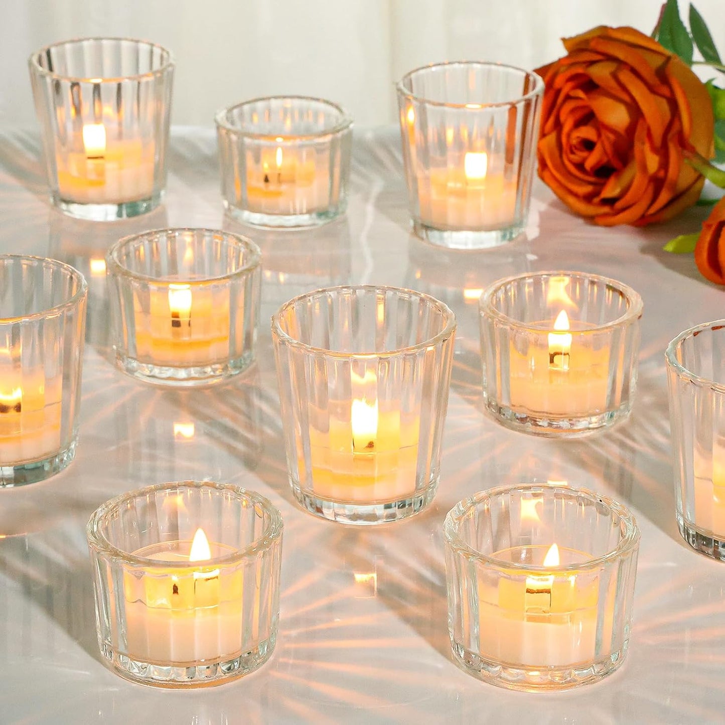 24 Pcs Ribbed Clear Votive Candle Holders – Glass Tea Light Candle Holder for Weddings, Baby Showers, Home Decor, Party Centerpieces, and Table Decoration