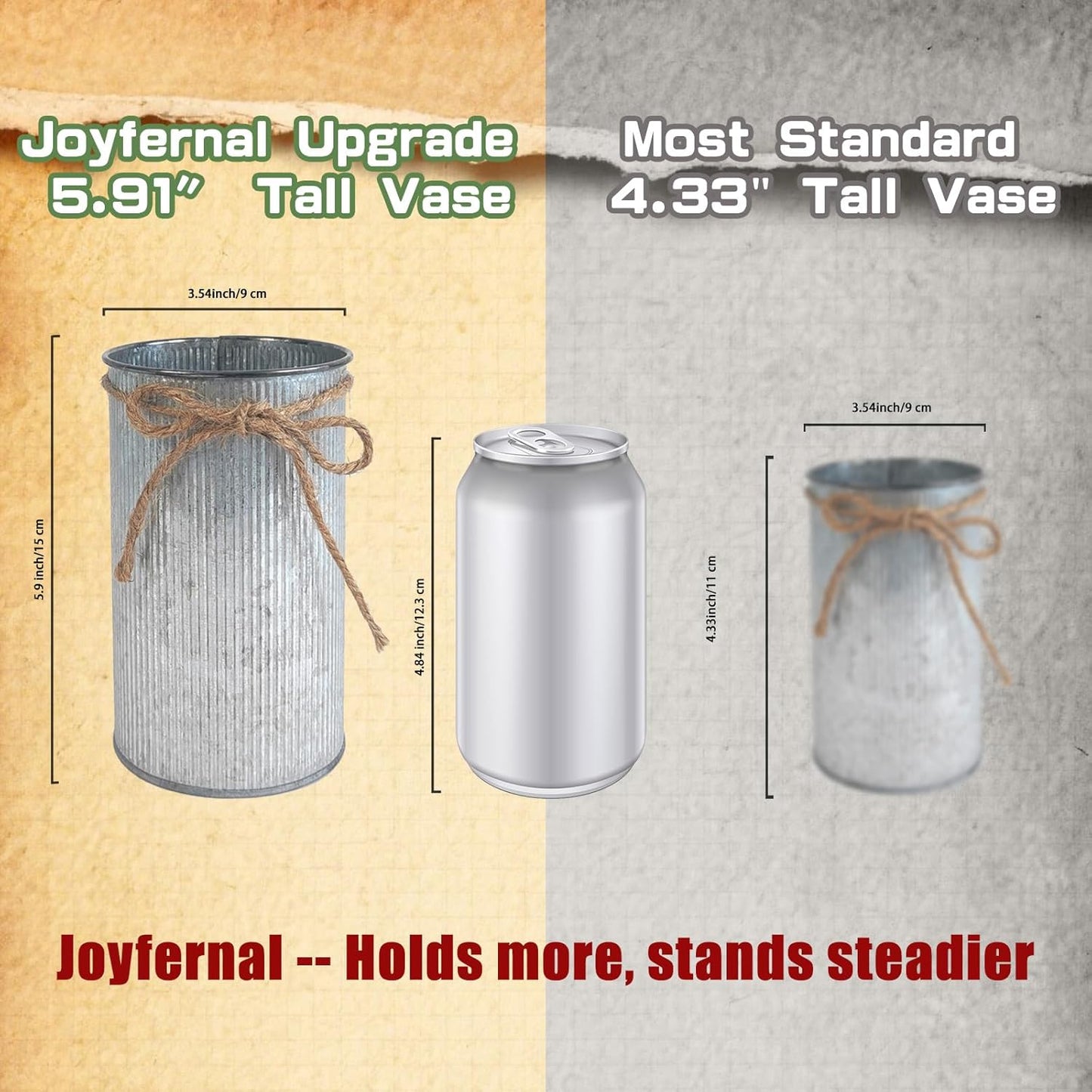 6" High Vase Centerpiece for Table, Rustic Farmhouse Mason Jars with Twine Bow, Vintage Galvanized Metal Flower Container for Wedding Home Decor (Silver, 6Pcs)