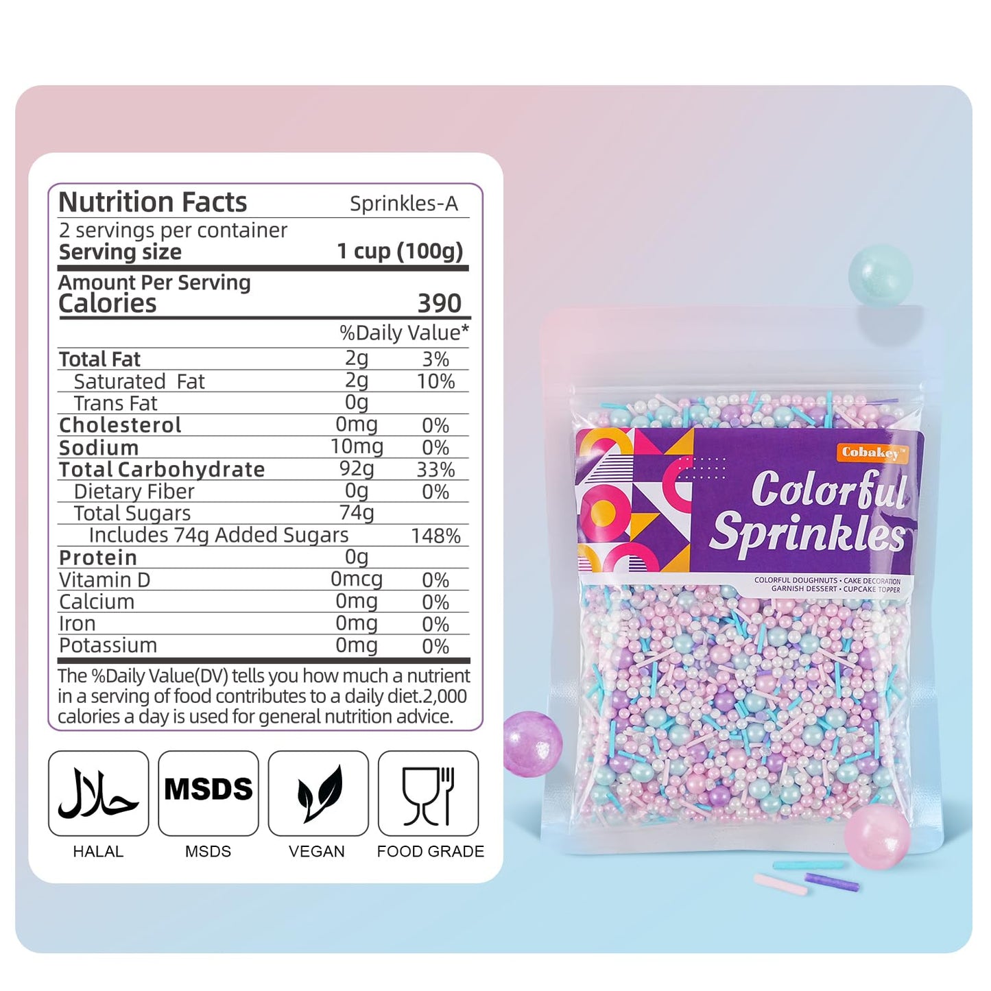 Pastel Sprinkles for Cake Decorating, 7oz Pink Purple Blue White Pearl Confetti Jimmies Mix - Sprinkles for Cupcakes, Ice Cream, Cookies, Baking Toppings - Wedding, Birthday, Christmas Party Supplies