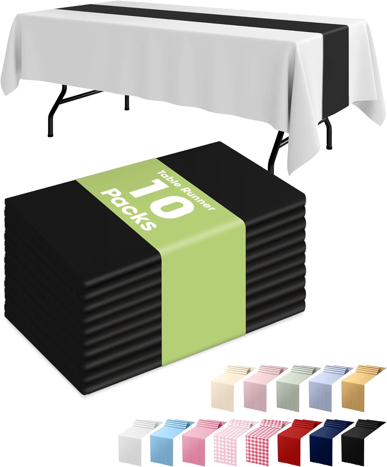 Pureegg Black Plastic Table Runners - 10 Pack, 14'' x 108'', Water Resistant & Disposable Centerpiece Decorations for Table Cloth, Wedding, Birthday, Holiday, Baby Shower, Party, Home Decor