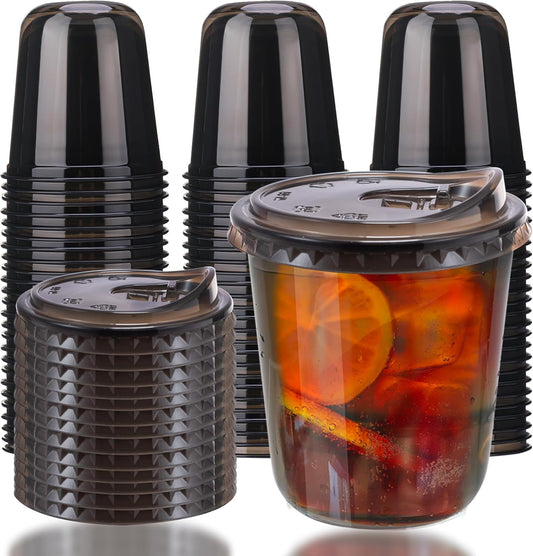 12oz Disposable Stemless Glasses With Strawless Sip Lids,PET Disposable Drinking Cups,Clear Plastic Wine Glasses for Parties Birthday,Wedding,Meeting,Christmas Party Supplies. (50, Black)