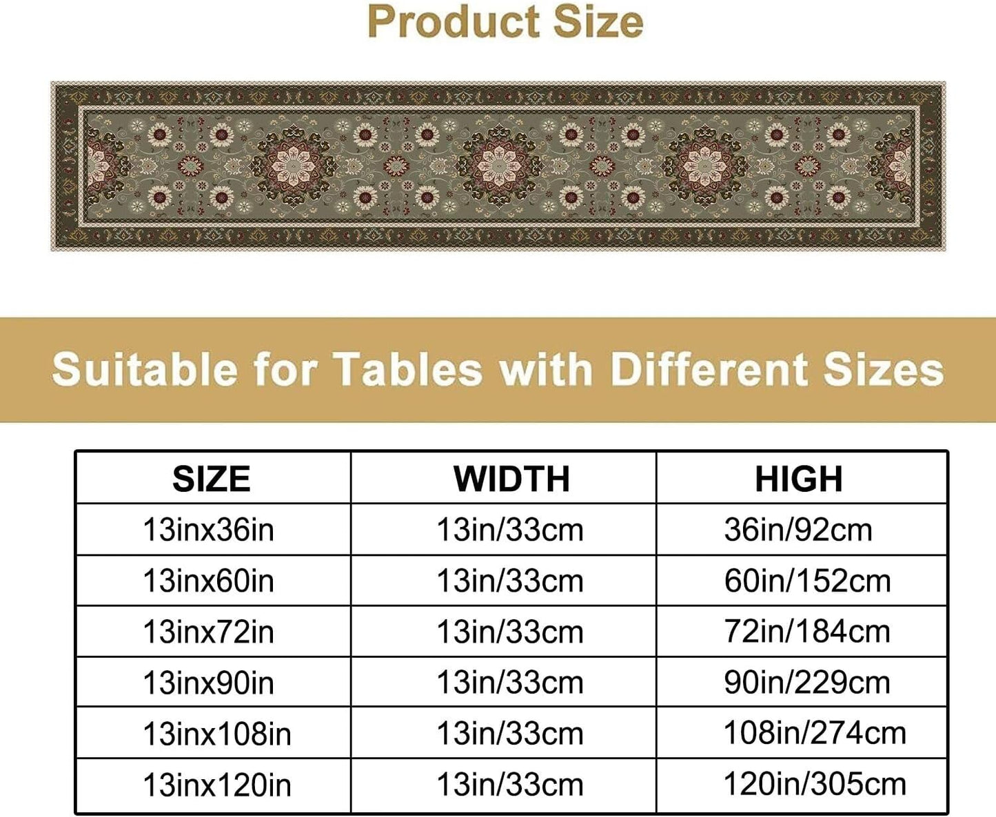 Vintage Paisley Floral Table Runner, Brown Boho Rustic Farmhouse Flower Pattern for Home Kitchen Table Decor Dining Coffee Room Party Decor 13x72in