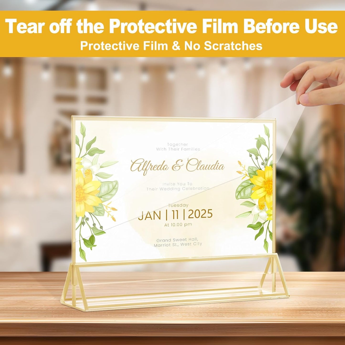 EHWINE 24 Pack Acrylic Sign Holder 5 x 7 Horizontal, Double-Sided Stand up Table Top Sign Holders, Gold Acrylic Picture Frame Menu Flyer Paper Holder Display Stand for Office Business Store Wedding Party