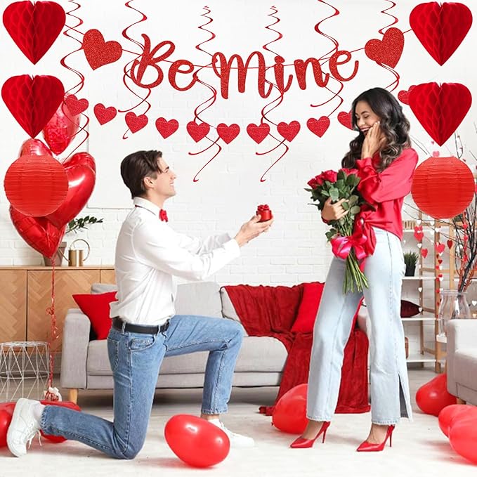 Valentines-Day Decorations Red-Heart Streamers Galentines-Decor - 22pcs Be Mine Love Banner,Paper Lanterns Honeycomb Balls,Tissue Pom Poms Flowers Fans, Happy Anniversary Backdrop Hugmoon