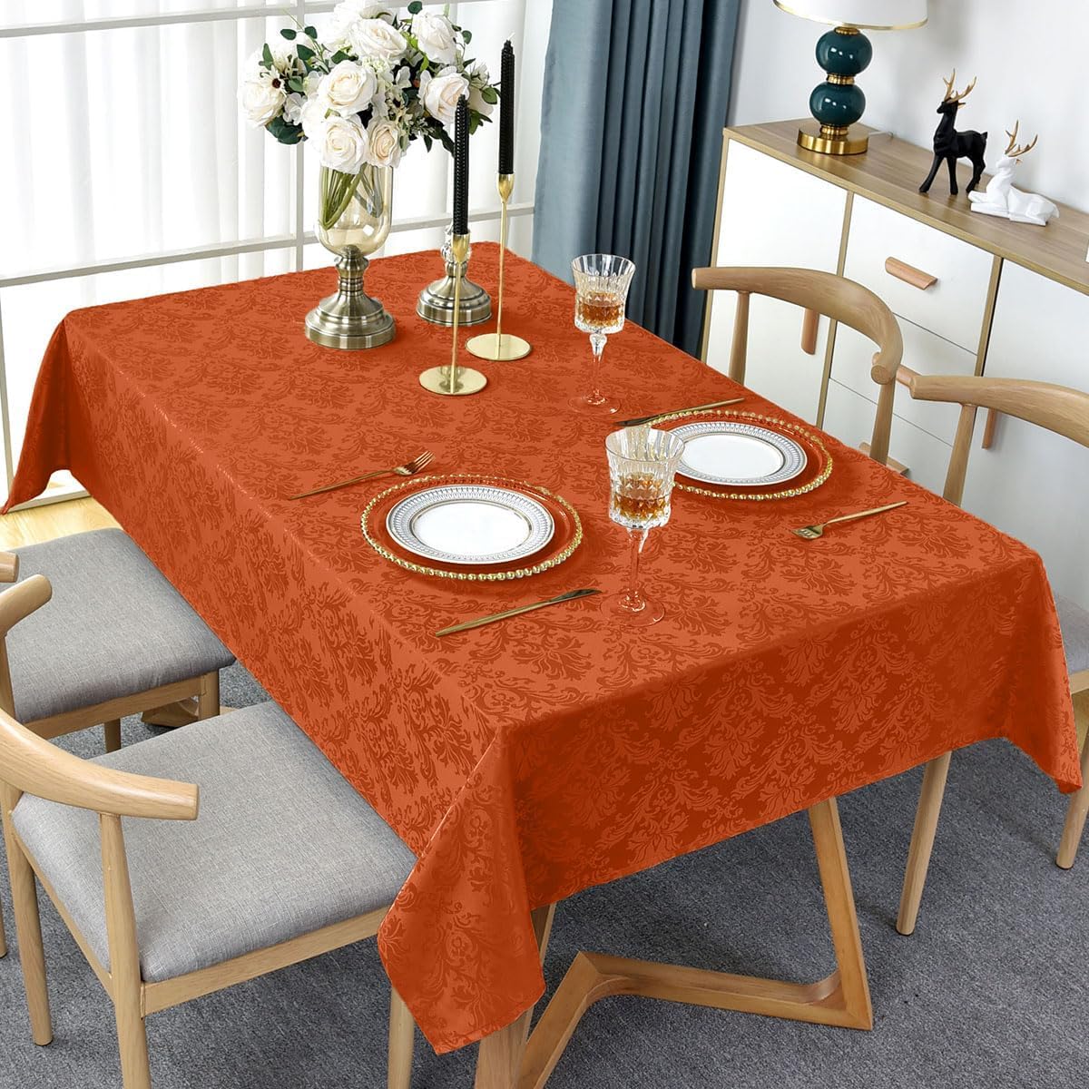Jacquard Tablecloth Rectangle 60 x 102 Inch, Spill Proof Washable Damask Autumn Table Cloth, Polyester Table Cover for Fall, Harvest, Thanksgiving, Holiday, Rusty/Orange