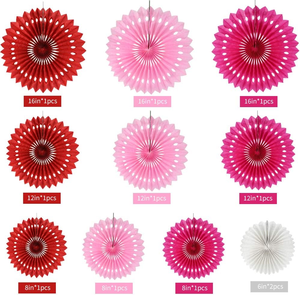 BEISHIDA Red Pink Rose Red Hanging Tissue Honeycomb Round Paper Fans Decor Kit for Birthday Girl Kid Shower Bachelorette Wedding Christmas Backdrops Anniversary Party Supplies（11 Packs）