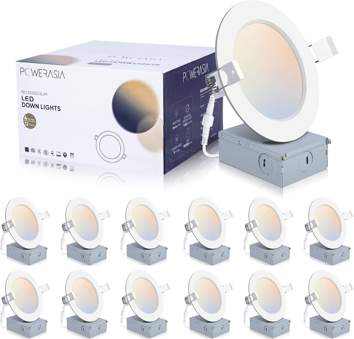 12 Pack 4 Inch Ultra-Thin LED Recessed Ceiling Light with Junction Box, 5CCT Dimmable 2700K/3000K/4000K/5000K/6000K, 9W 850lm Can Killer Downlight-ETL and Energy Star Certified