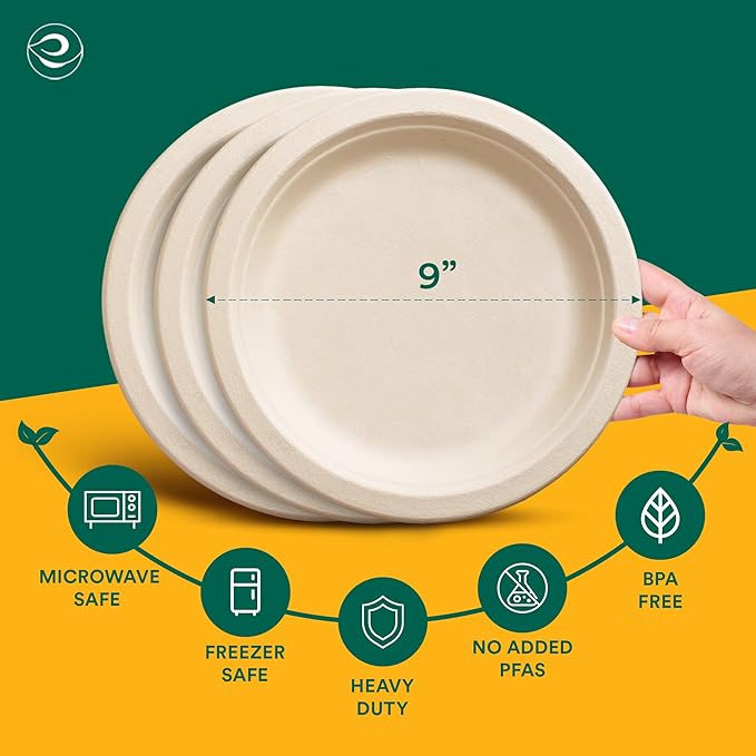 ECO SOUL Compostable 9 Inch(500-Pack) Biodegradable Heavy-Duty Disposable Eco-Friendly Paper Plates for Christmas Dinner & Parties, Wedding, Event