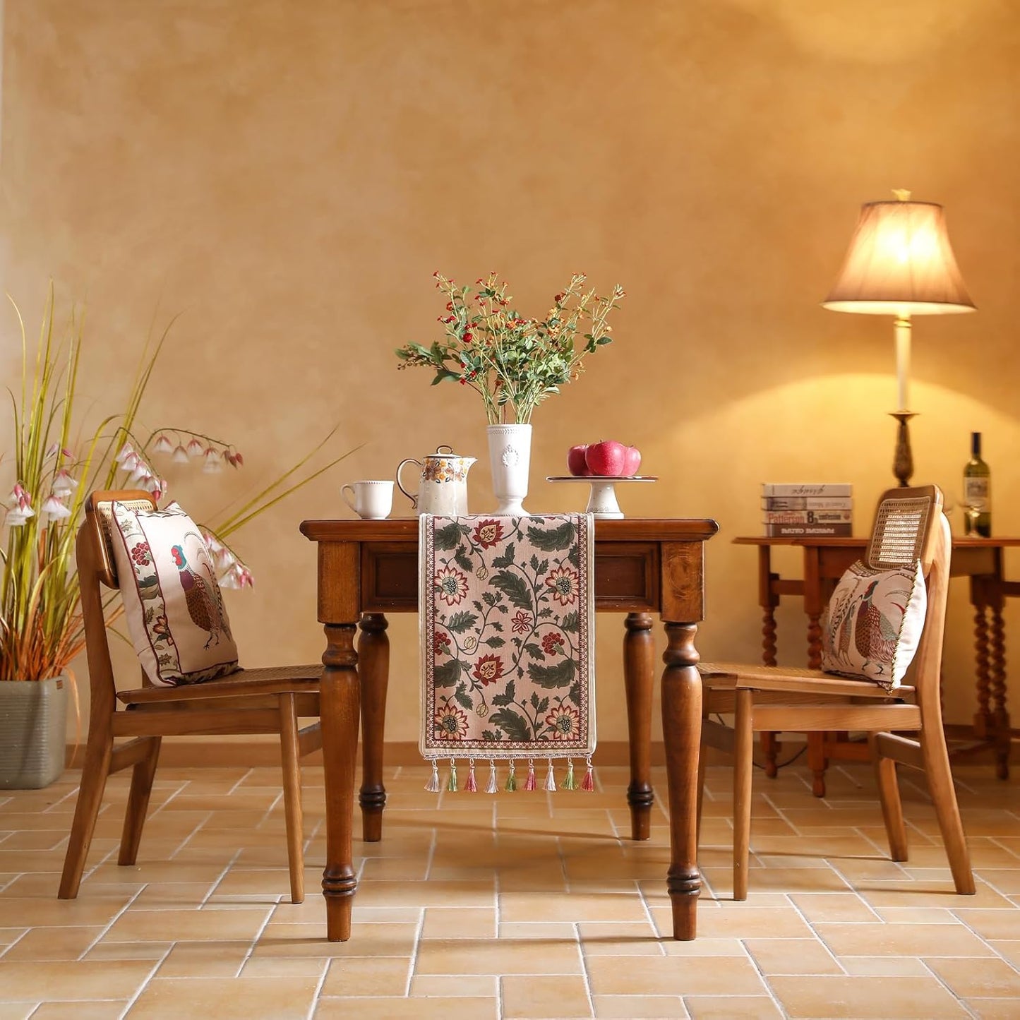 ISAENNE Designer Provence Elegant Linen Table Runner 87 Inches Long,Flower and Leaves Pattern Durable Table Runners for Dining Tables,Thanksgiving,Kitchen Tables,Christmas,12"*87"-Ratina