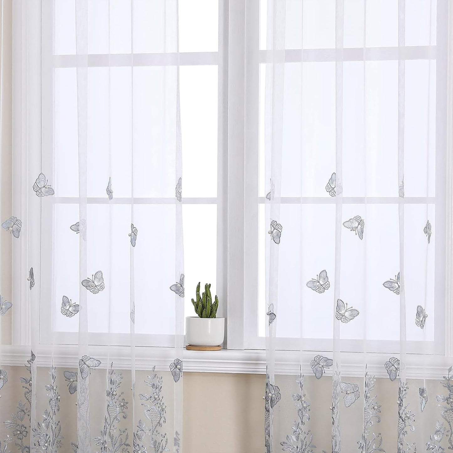 VISIONTEX White Sheer Voile Curtains, Decorative Blue Embossed Butterflies Rod Pocket Window Drapes for Home Kitchen, Living Room and Bedroom 54 x 63 Inch, Set of 2 Curtain Panels