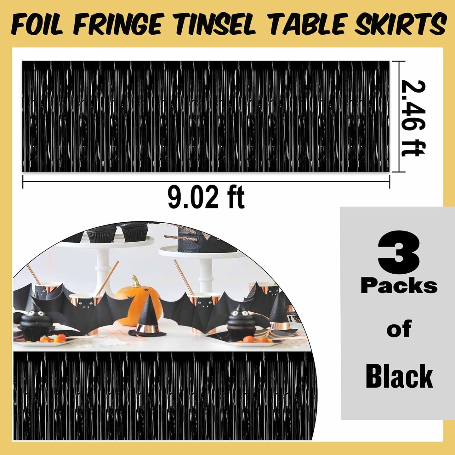 3 Pack 29 x108 Inch Black Foil Fringe Table Skirts Metallic Banner for Tinsel Streamer Garland Backdrop for Parade Floats Mother's Day, Graduate, Birthday, Wedding Party Decoration