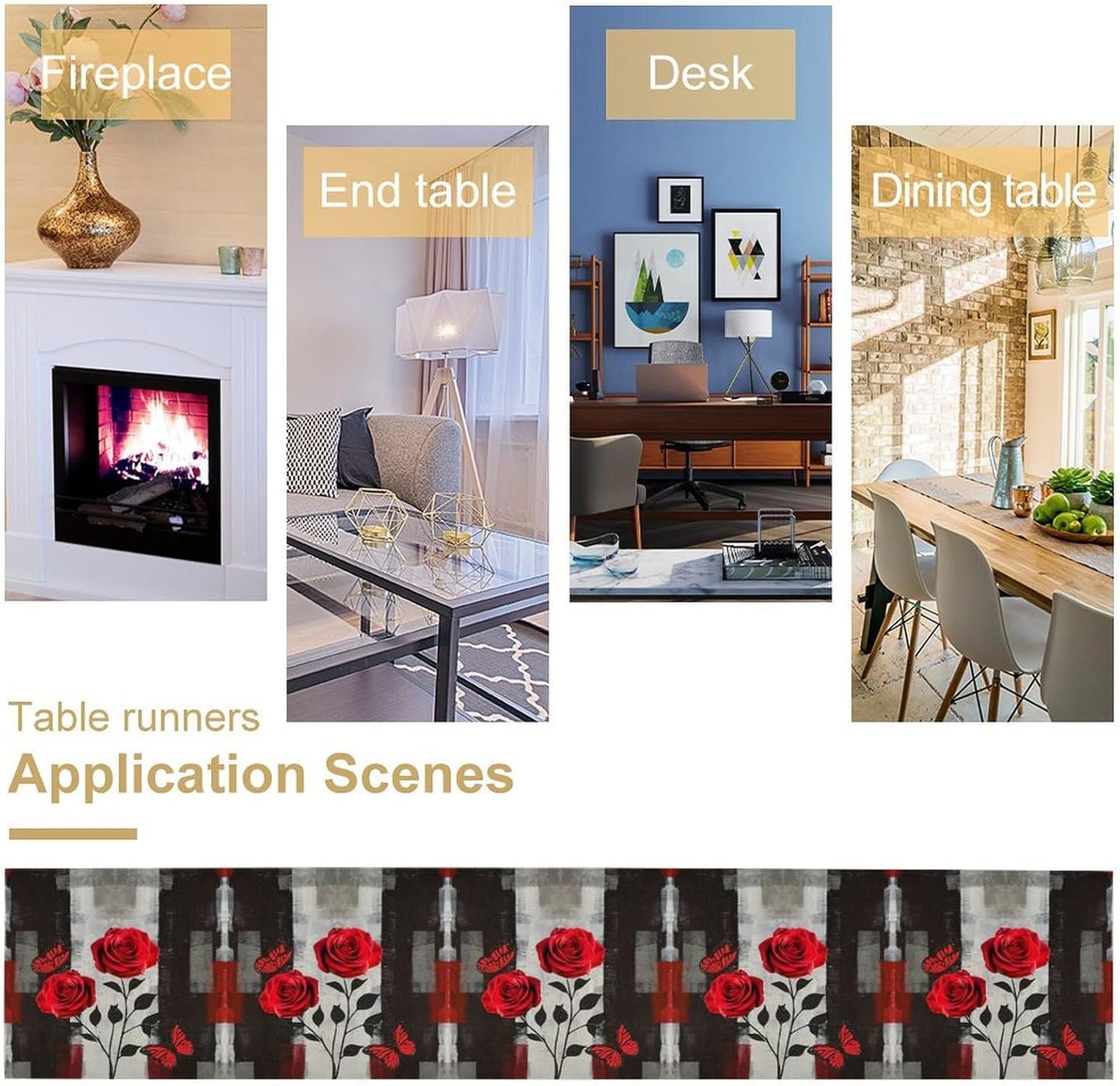 Abstract Art Rose Table Runner, Red Roses Floral Butterfly Black Red Grey Ink Background Pattern Kitchen Dinning Table Runner for Indoor Outdoor Home Wedding Party Holiday, 13x36 Inch