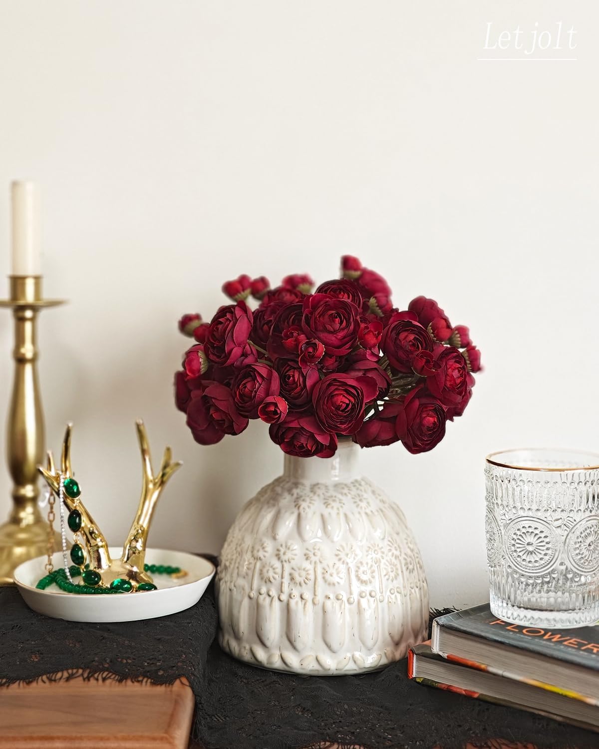 Letjolt Ranunculus Artificial Flower 18 Pcs Red Silk Ranunculus Wedding Bouquet Engagement Centerpieces Arrangements Bridal Shower Decorations Home Decor, Dark Red