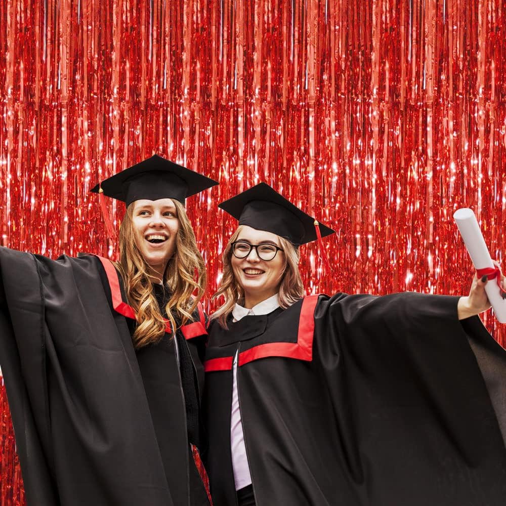 GOER 6.4 ft x 8.2 ft Metallic Tinsel Foil Fringe Curtains,Pack of 2 Party Streamer Backdrop for Birthday,Graduation Decorations and New Year Eve (Red)