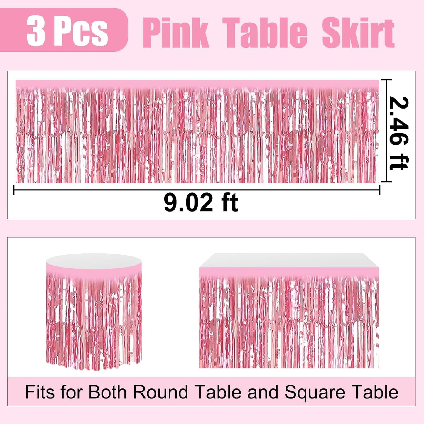 3 Pack 29 x108 Inch Pink Foil Fringe Table Skirts Metallic Banner for Tinsel Streamer Garland Backdrop for Parade Floats Wedding Thanksgiving Birthday Christmas Halloween New Year Party Decoration