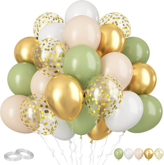 Green & Gold Balloons - 60 Pcs Sage Green & Apricot, 12 Inch Metallic Gold Confetti, Retro Green Latex for Baby Shower, Wedding, Birthday, Jungle Animal Theme Party Decorations