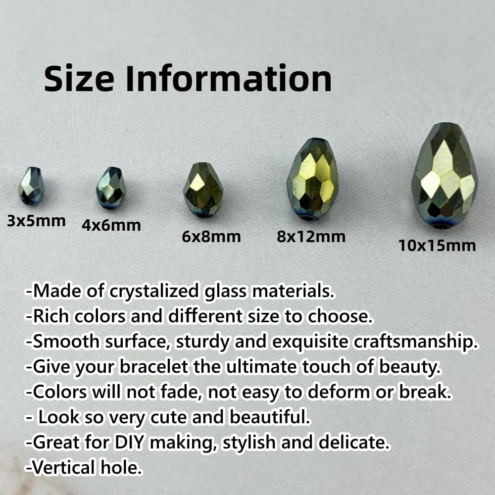 130pcs 6x8mm Teardrop Crystal Glass Beads for Jewelry Making, Faceted Vertical Hole Teardrop Glass Spacer Beads for Wind Chimes Bracelet Earring Necklace DIY Craft(Green Light)