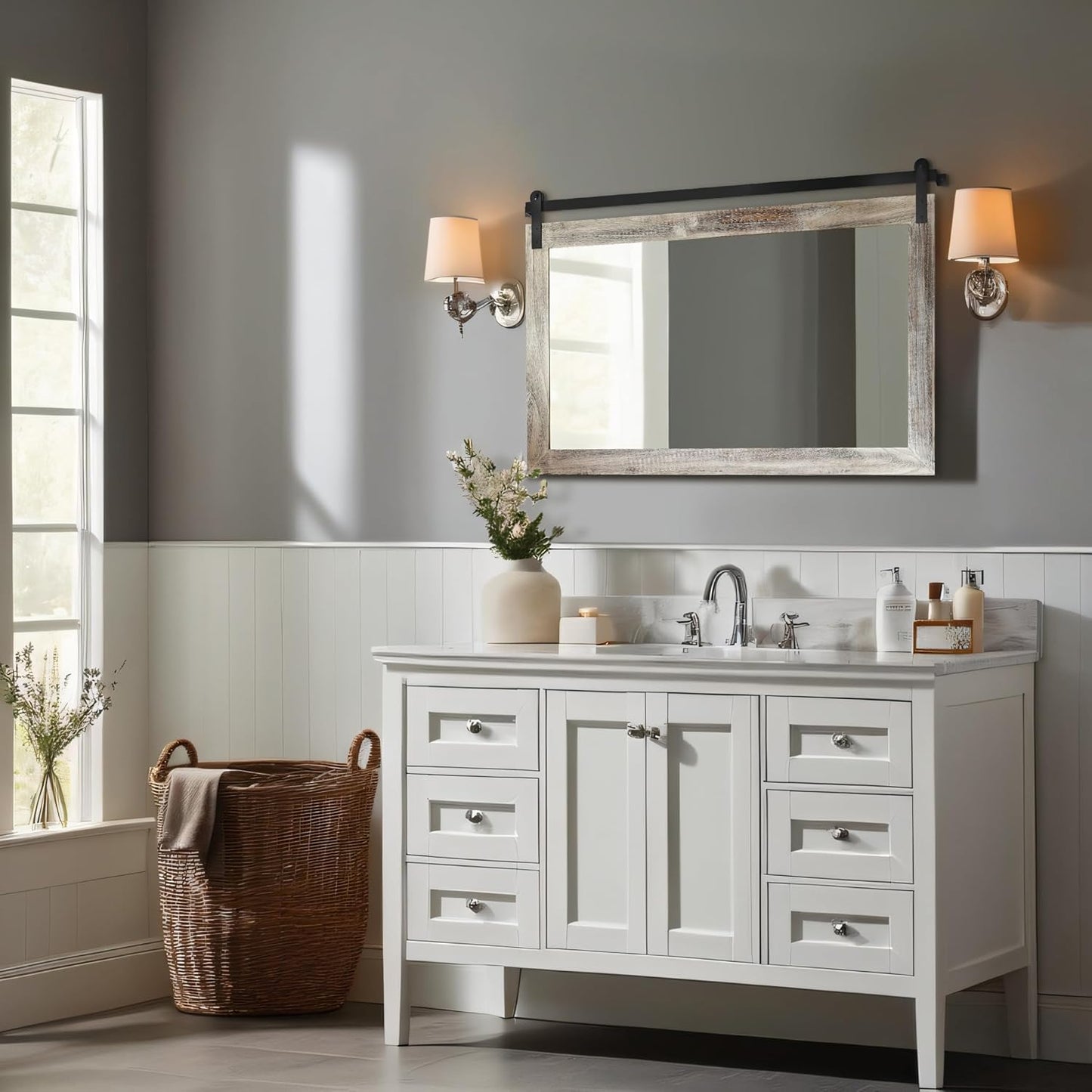 COGOOD Farmhouse Barn Door Mirror - 41" x 26" Rustic Wood Framed Wall Mirror for Bathroom, Living Room, Entryway Wall Decor (Yellow White)