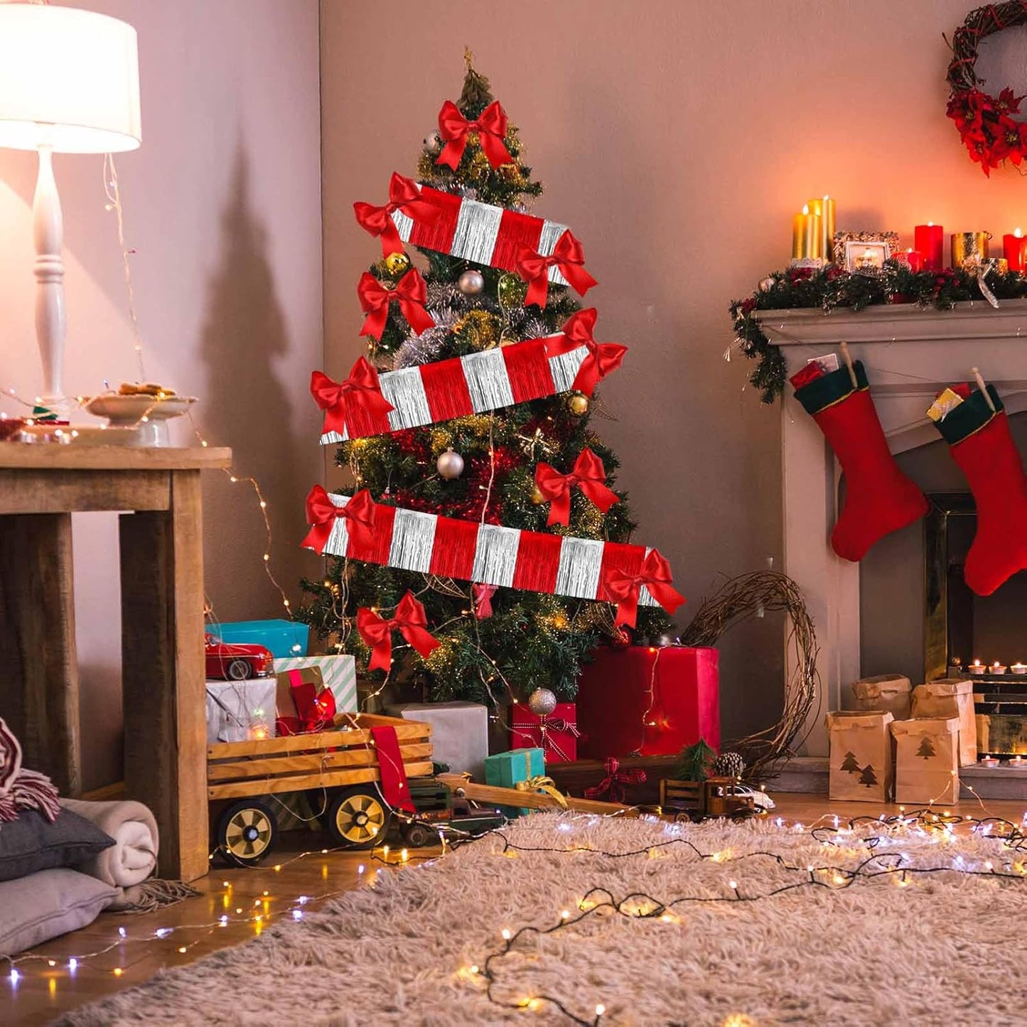 4 Pack 10 Feet Red Silver Foil Fringe Garland Metallic Tinsel Streamers Banner Wall Hanging Curtain Backdrop for Parade Floats, Wedding, Graduate, Mother's Day, Birthday Party Decoration