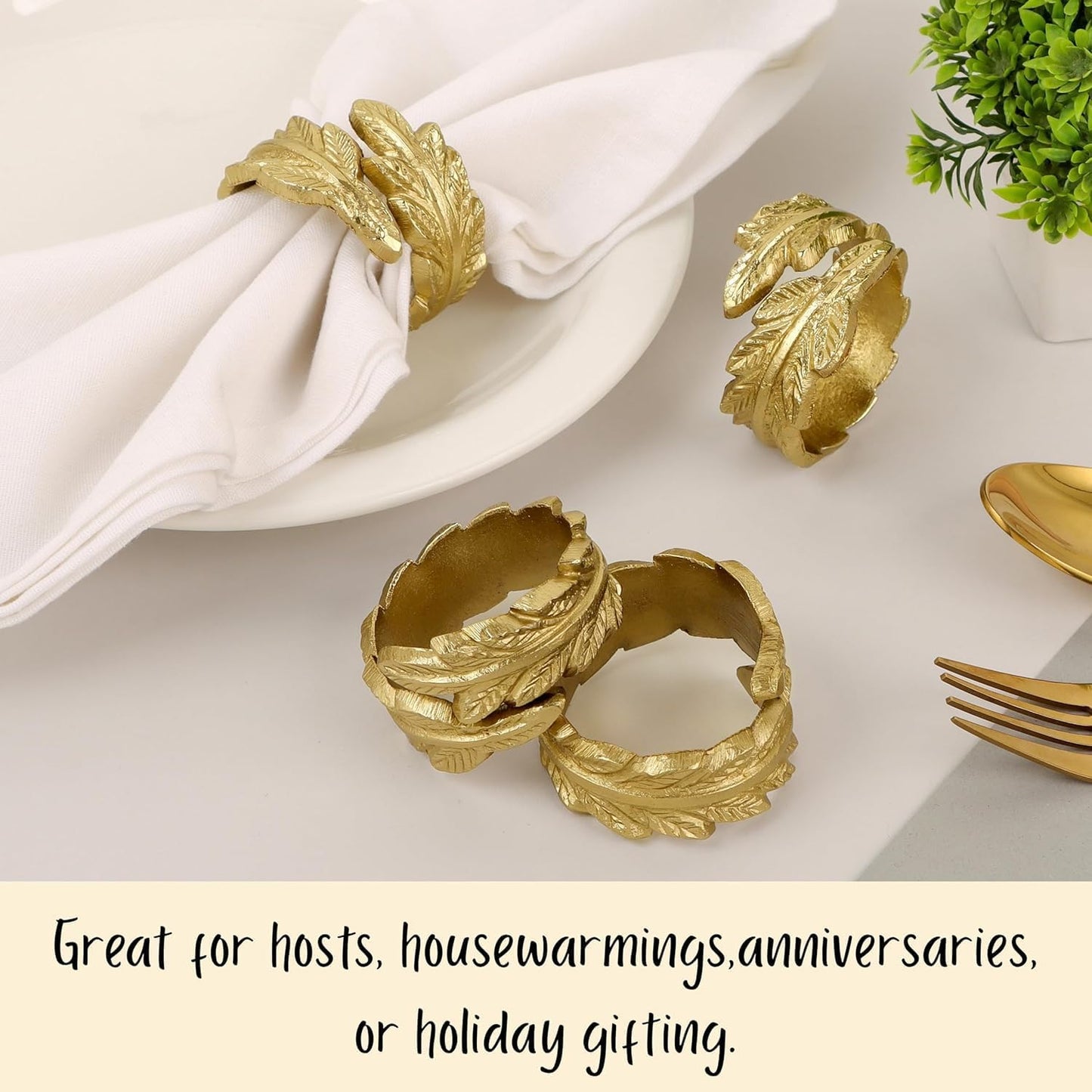 Gold Leaf Napkin Rings Set of 12 - Round Metal Napkin Holders for Dining Table Settings - Elegant Leaf Design for Weddings, Parties, Holiday Décor, Family Dinners & Special Occasions - CLEENTABLE