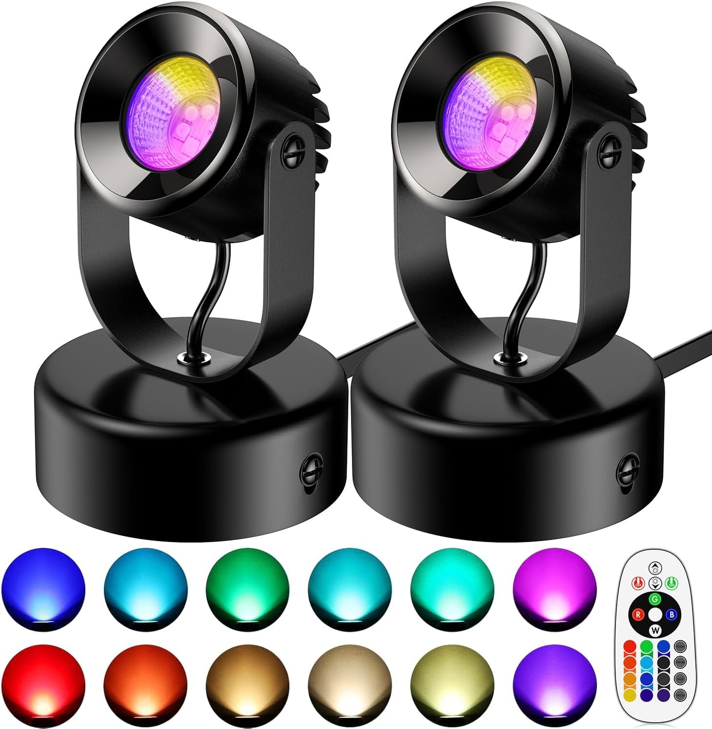 Spot Lights Indoor,7W RGBW Spotlight 16 Color Changing Up Lights Indoor with Remote Dimmable Function Memory Feature LED Ambient Lighting for Party,Bar,Esports Room, 5.9 FT Power Cord, 2 Pack