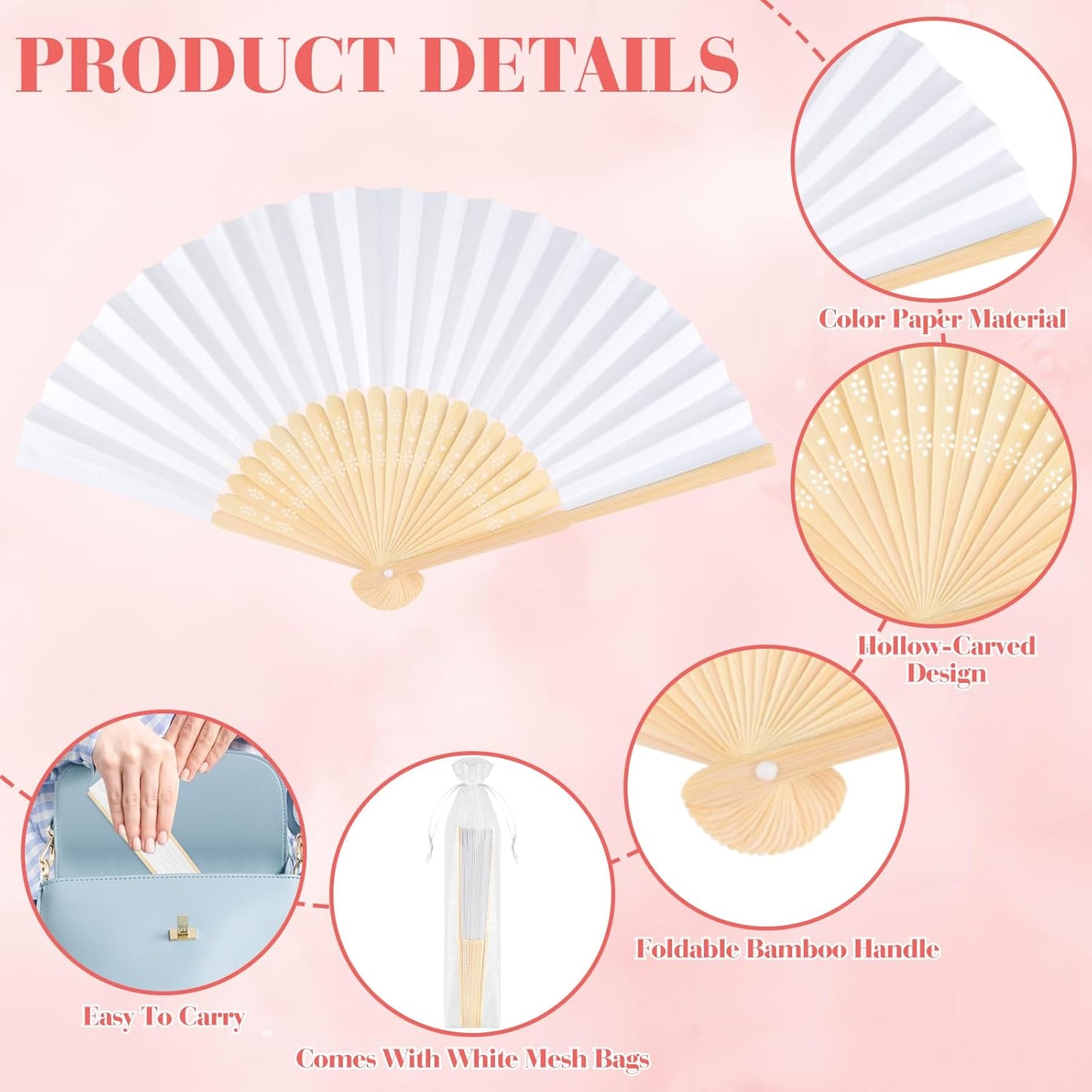 12 Pieces Hand Held Bamboo Folding Fans Paper Fans Handheld for Women Foldable Girls Wedding Decoration Church Home Party Favors Summer (Multicolor)