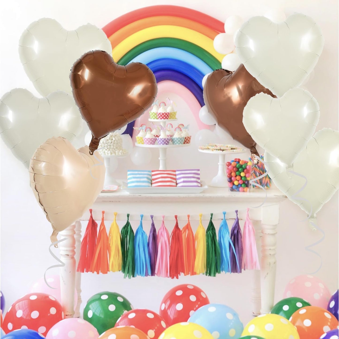 TONIFUL 30Pcs 18 Inch Cream White Heart Balloons Light Brown Coffee Foil Balloons Decoration for Thanksgiving Birthday Valentine's Day Wedding Bridal Shower Anniversary Engagement Party Supplies